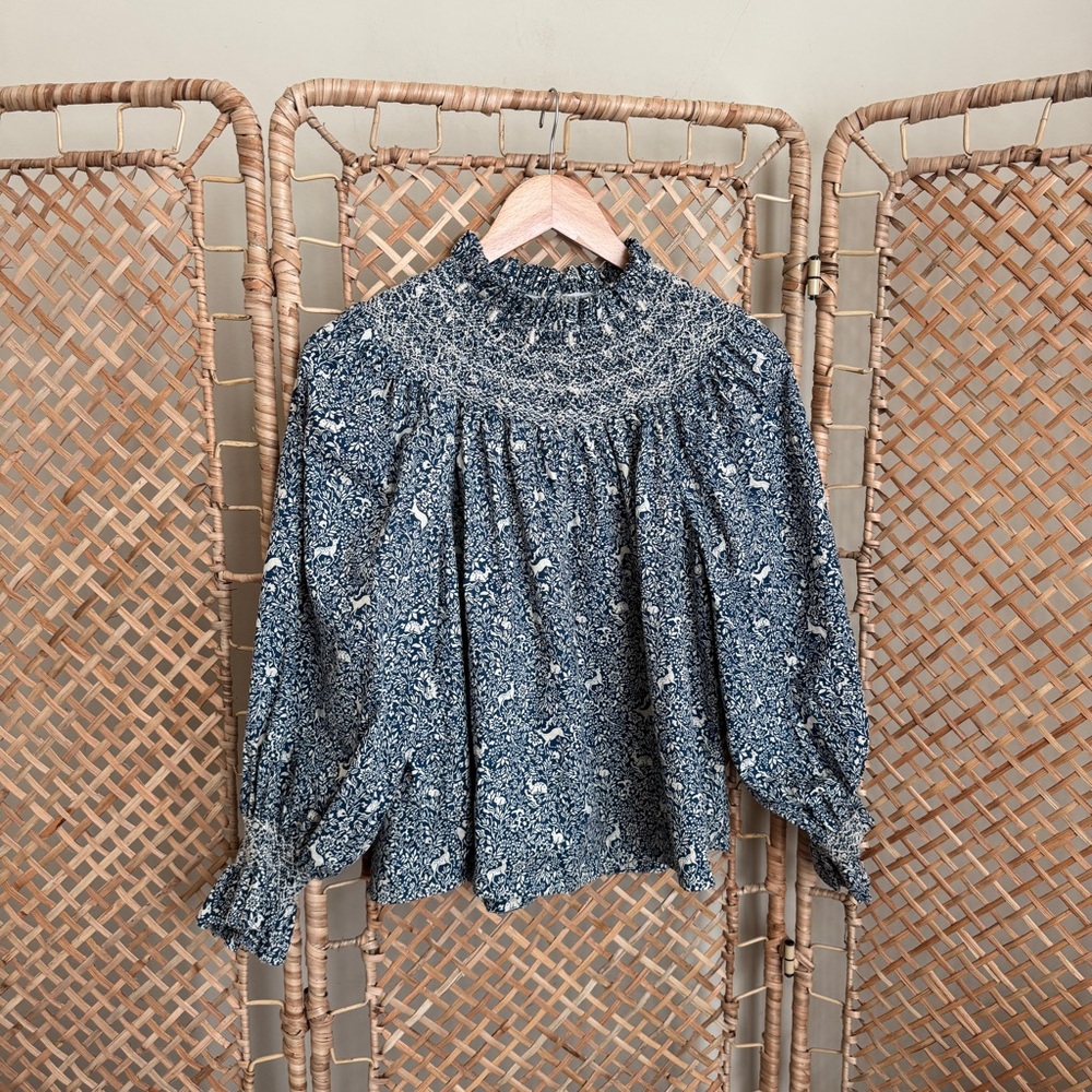 RARE Doen Amoret Floral Prancing Fawn Cottagecore Top in Blue size Small - Picture 7 of 13